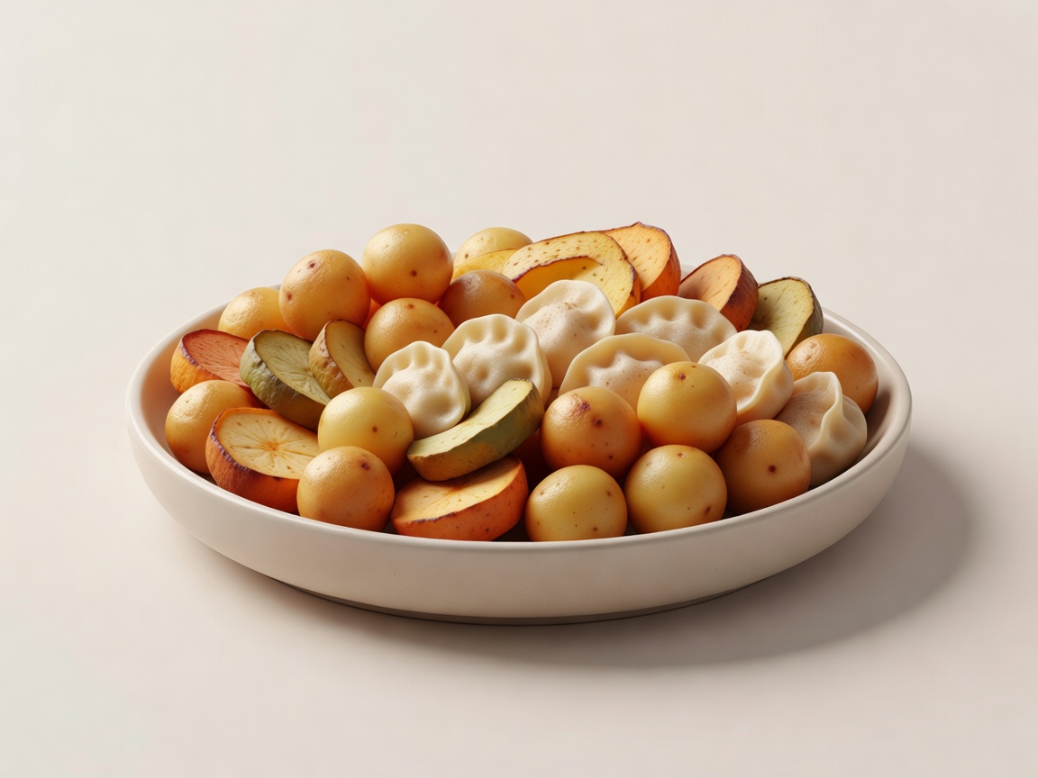 Soft-lit three-dimensional illustration of a shared serving dish on a plain pale background